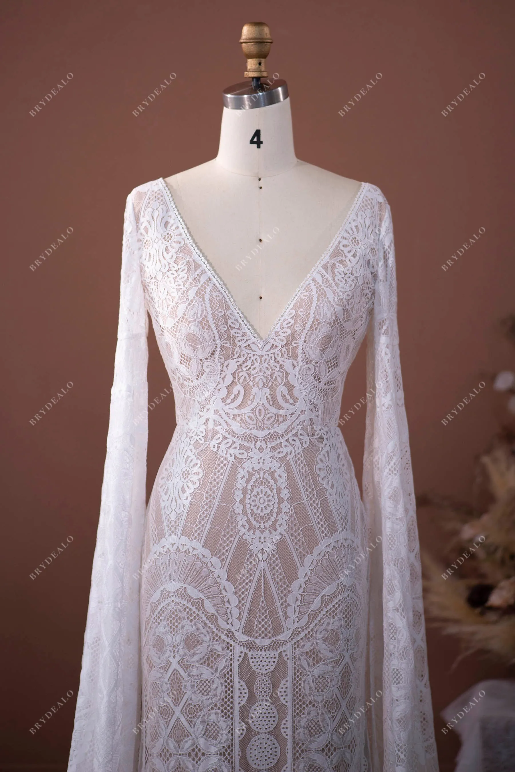 Elegant Lace Dramatic Sleeve Boho Wedding Gown