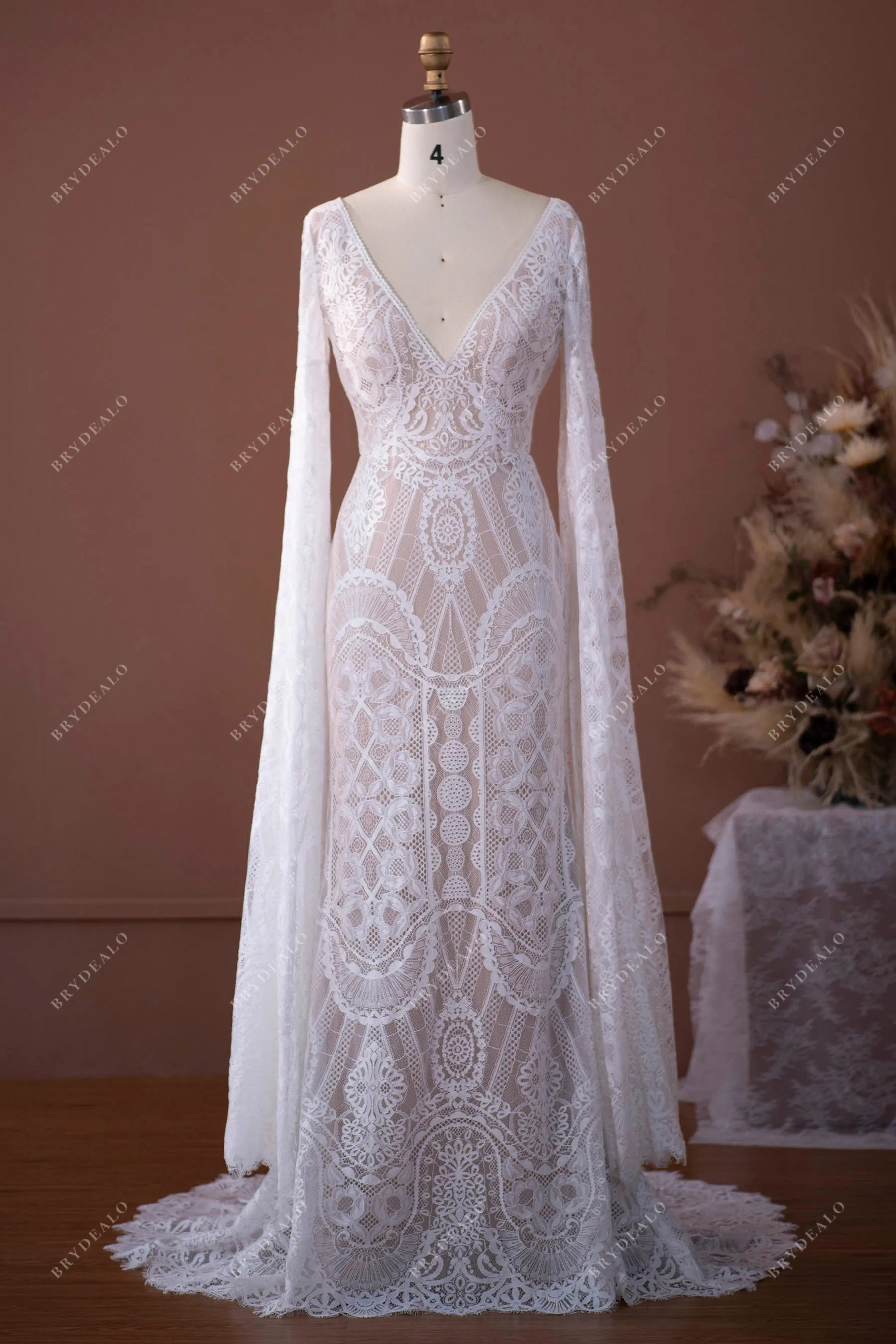 Elegant Lace Dramatic Sleeve Boho Wedding Gown