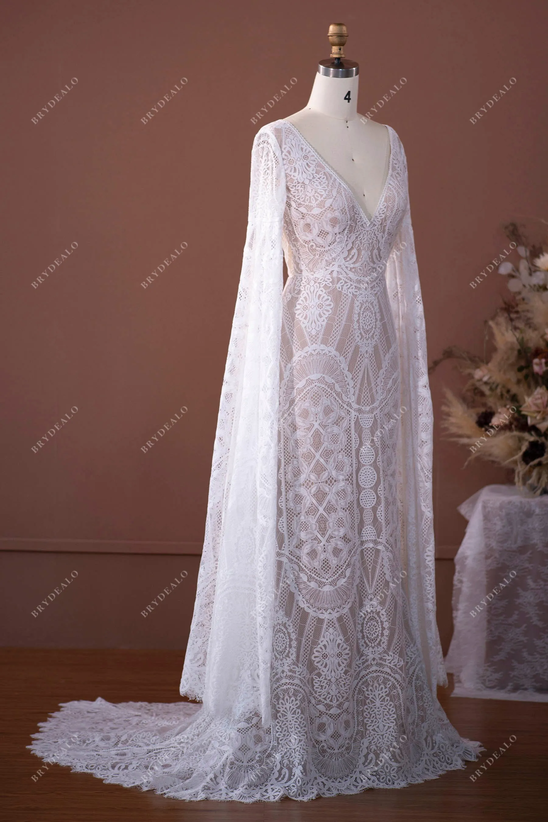 Elegant Lace Dramatic Sleeve Boho Wedding Gown