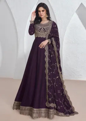 Elegant Purple Embroidered Silk Wedding Anarkali Dress