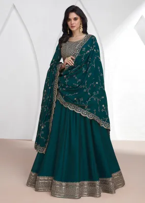 Elegant Teal Embroidered Silk Wedding Anarkali Dress