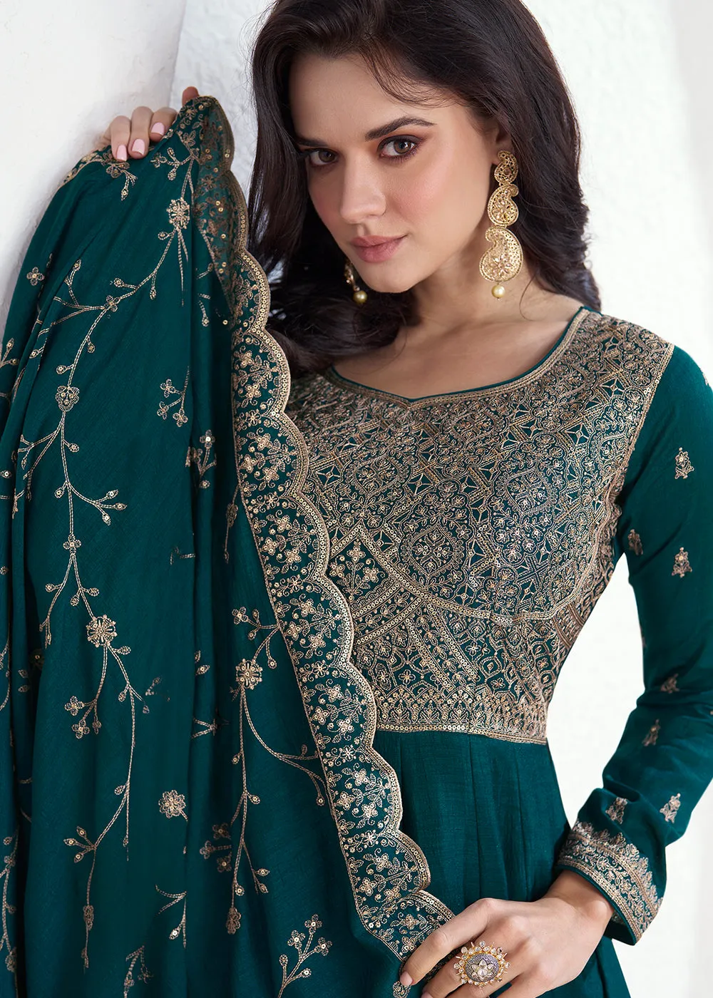 Elegant Teal Embroidered Silk Wedding Anarkali Dress