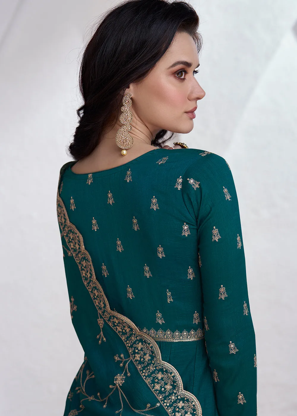 Elegant Teal Embroidered Silk Wedding Anarkali Dress