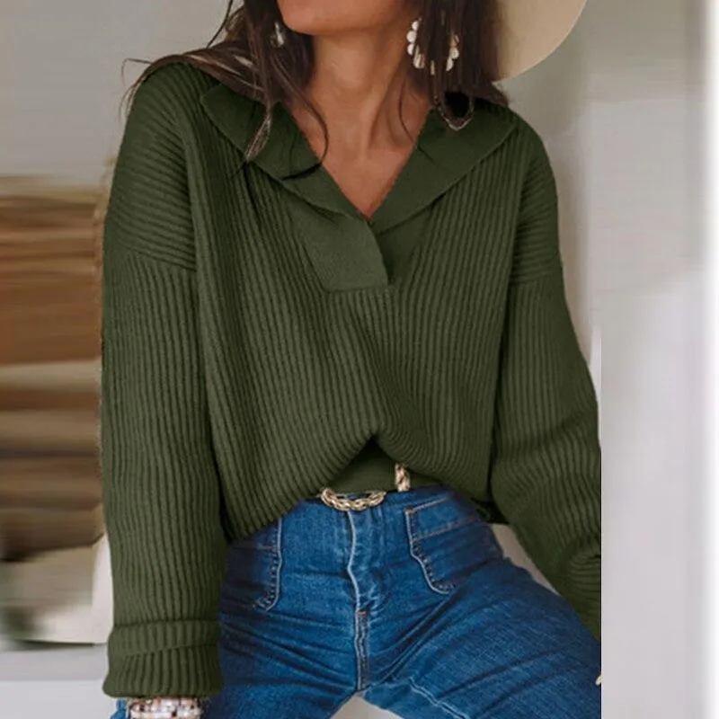 Elegant Turn-down Collar Rib Knitted Sweater