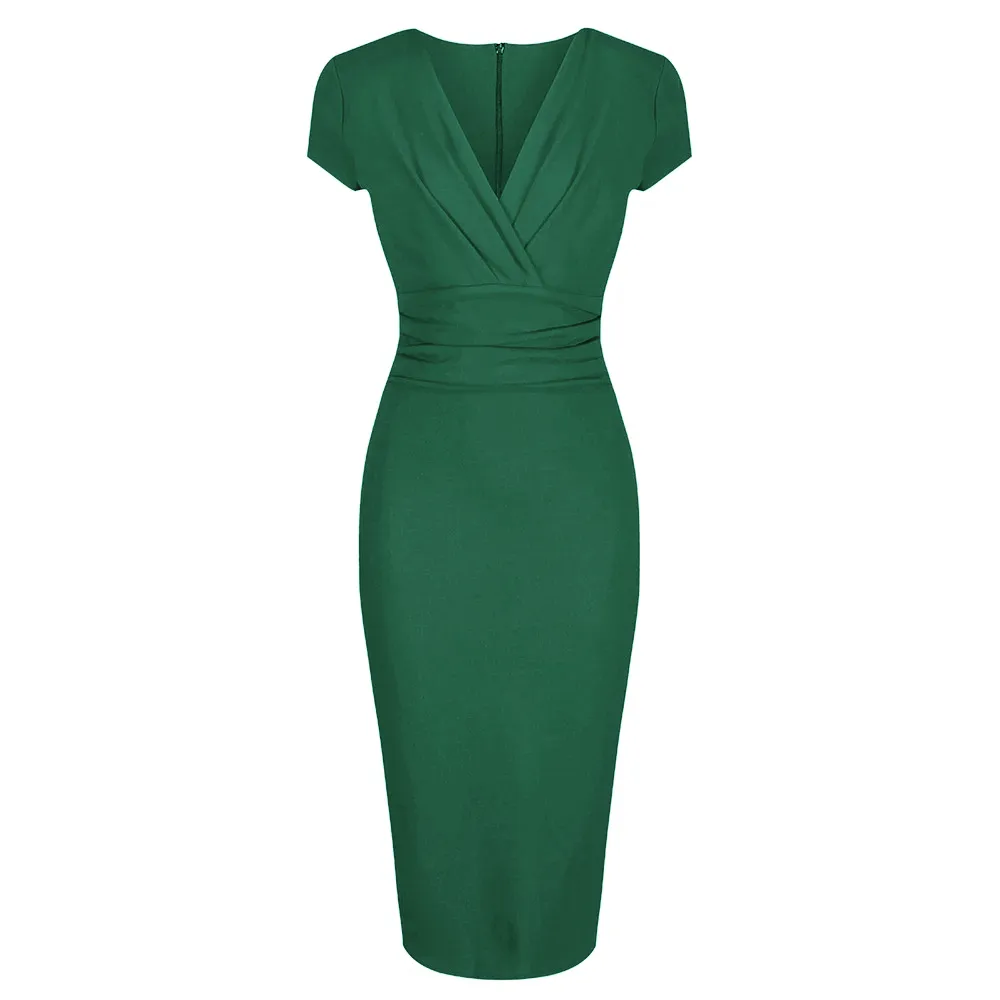 Emerald Green Deep V Neck Cap Sleeve Ruched Waist Bodycon Wiggle Dress