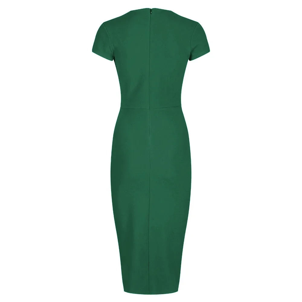 Emerald Green Deep V Neck Cap Sleeve Ruched Waist Bodycon Wiggle Dress