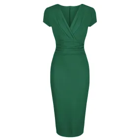 Emerald Green Deep V Neck Cap Sleeve Ruched Waist Bodycon Wiggle Dress