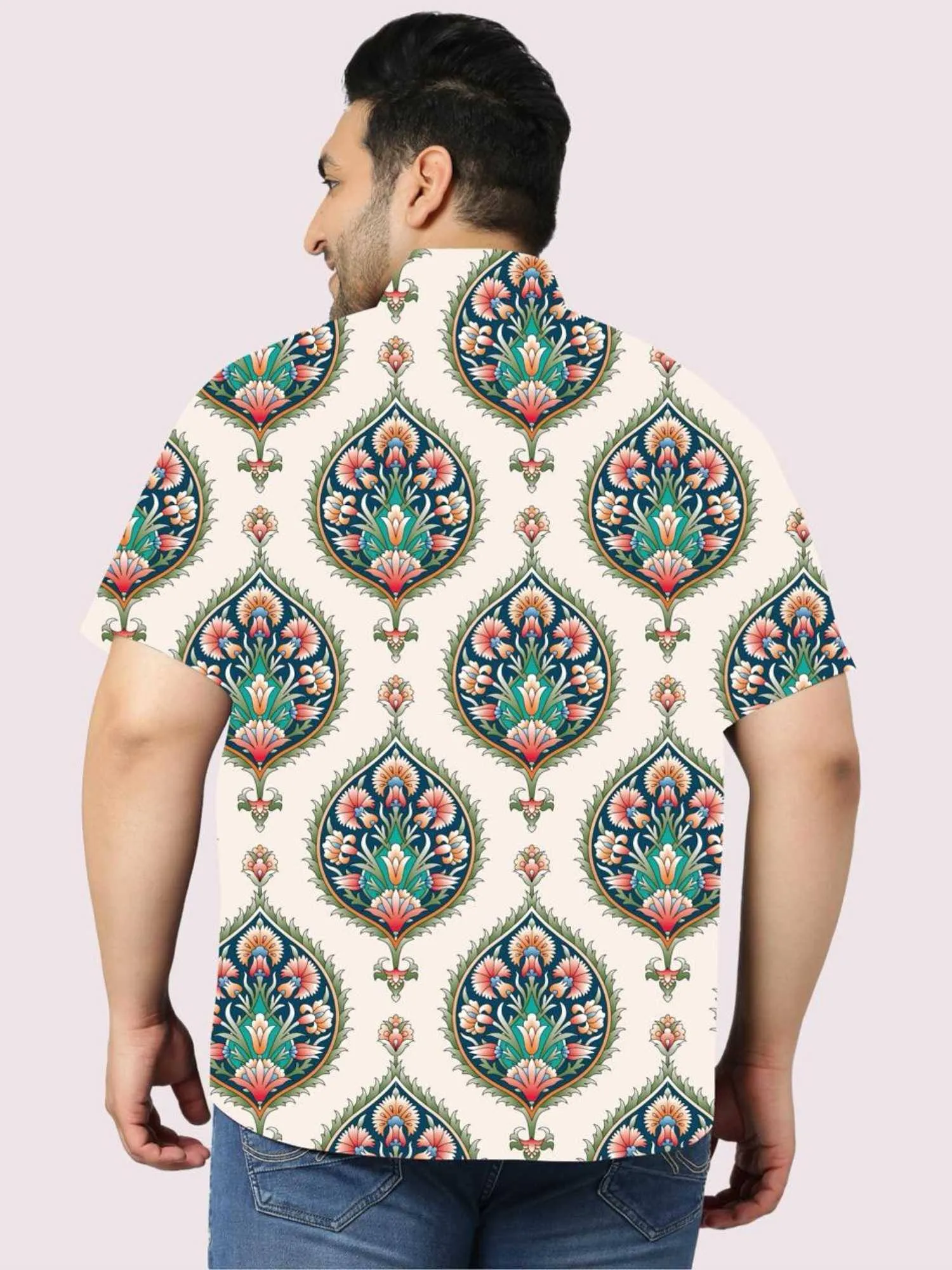 Ethnic Pattern Printed White Half Shirt Men's Plus Size