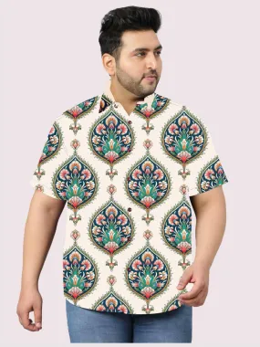 Ethnic Pattern Printed White Half Shirt Men's Plus Size