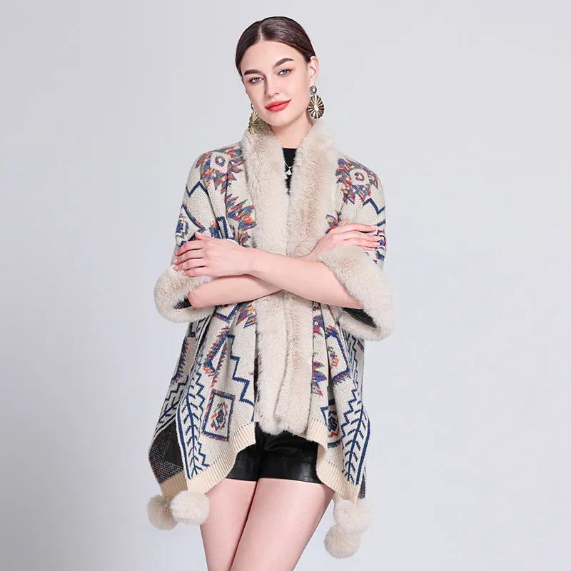 Ethnic Style Fur Ball Shawl Cape Cloak