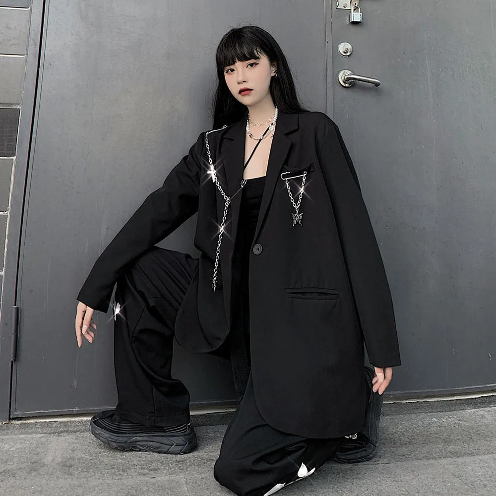 Fashionkova  Emo Harajuku Autumn Women Jackets Black Oversized Gothic Punk Hip Hop Vintage Blazer Coats Alt Chain Loose Suit Jacket Clothes