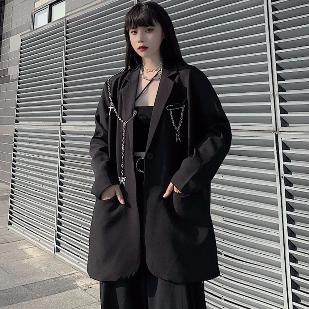 Fashionkova  Emo Harajuku Autumn Women Jackets Black Oversized Gothic Punk Hip Hop Vintage Blazer Coats Alt Chain Loose Suit Jacket Clothes