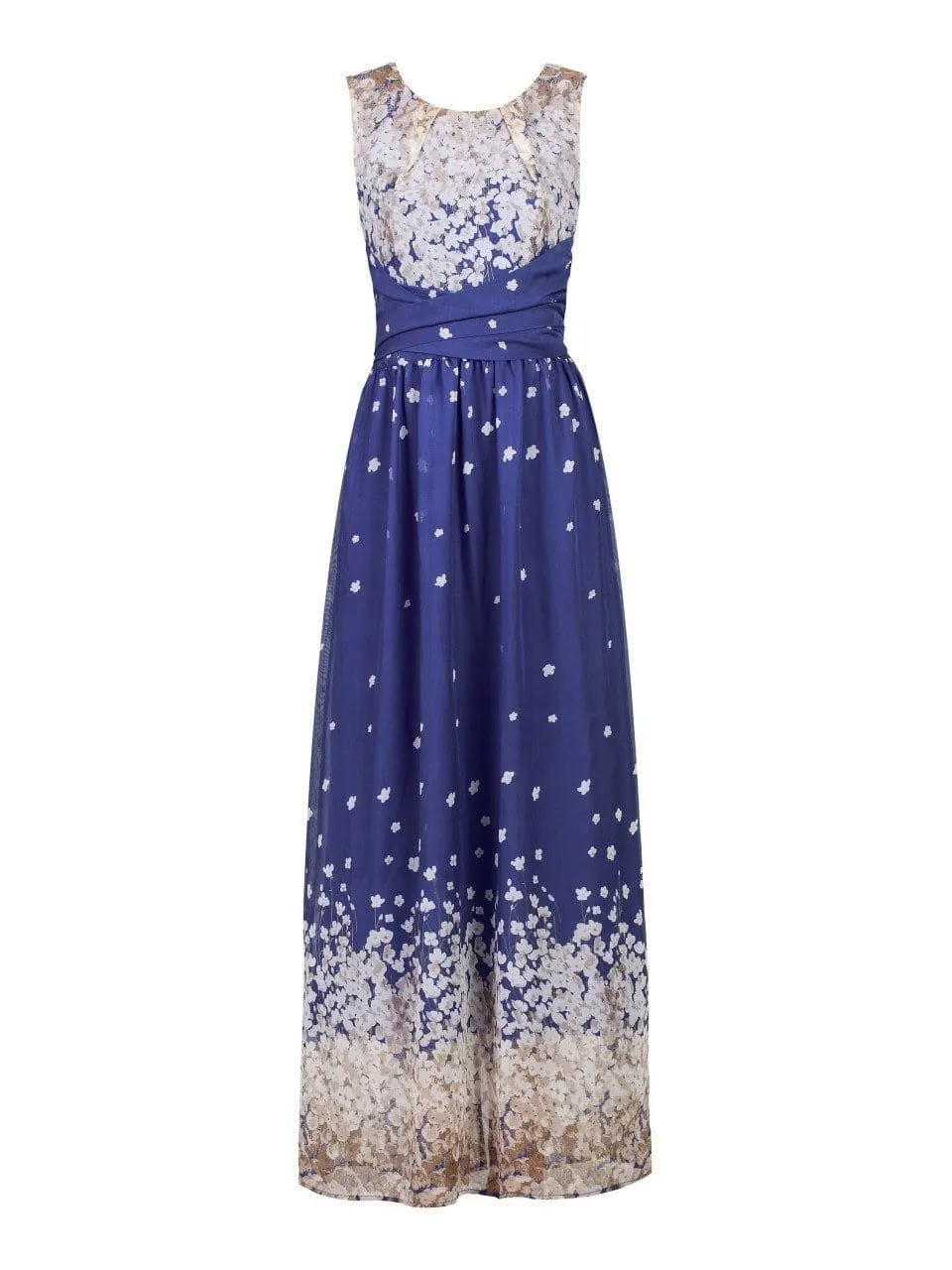 Feather Belted Maxi Dress, Blue Floral