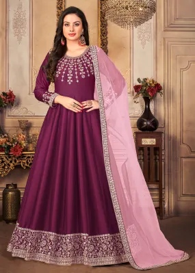 Festive Charming Purple Embroidered Silk Anarkali Suit