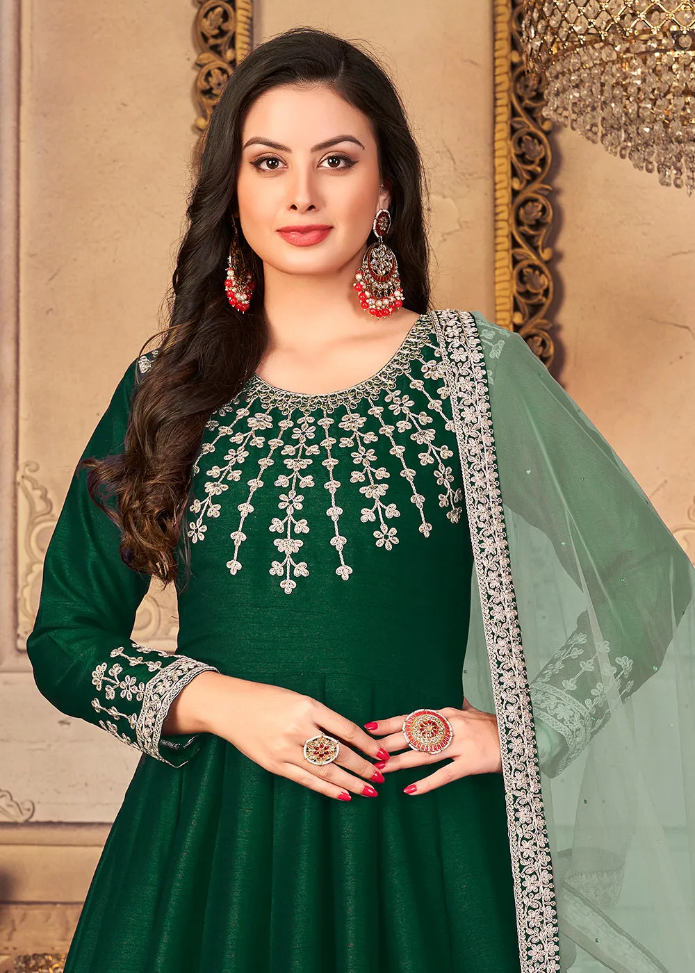 Festive Elegant Green Embroidered Silk Anarkali Suit