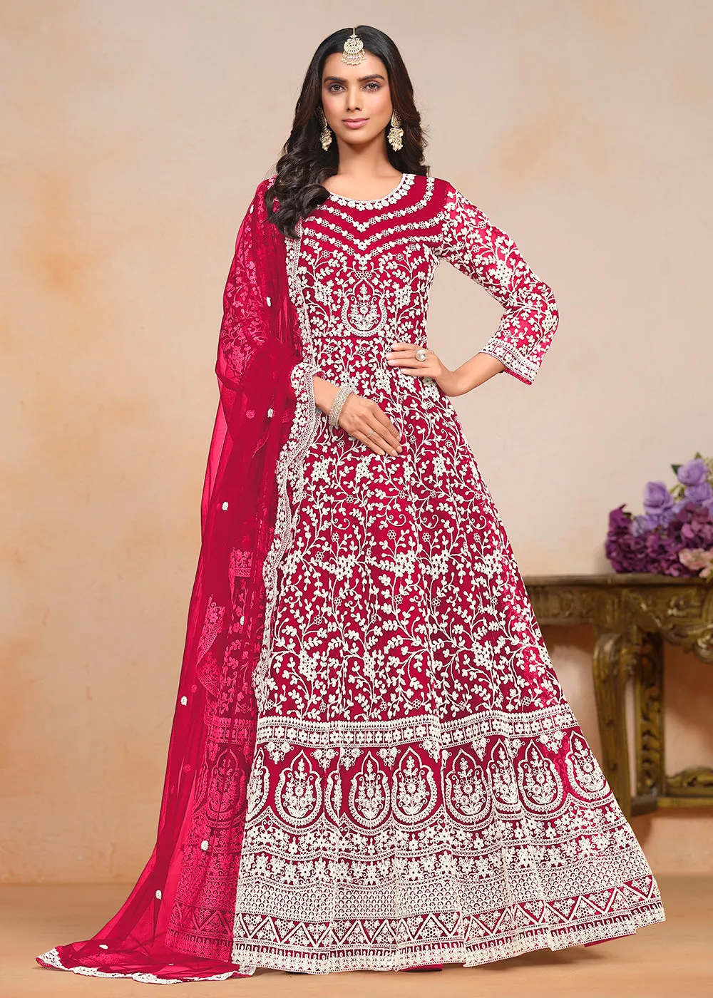 Festive Hot Pink Embroidered Net Designer Anarkali Dress