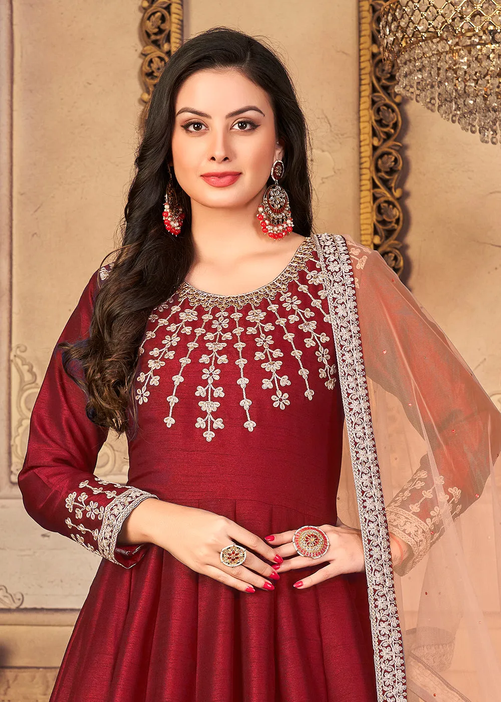 Festive Stunning Red Embroidered Silk Anarkali Suit