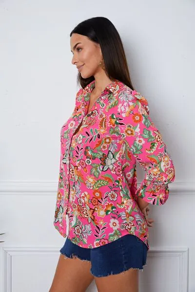 Floral Button Up Flounce Sleeve Shirt