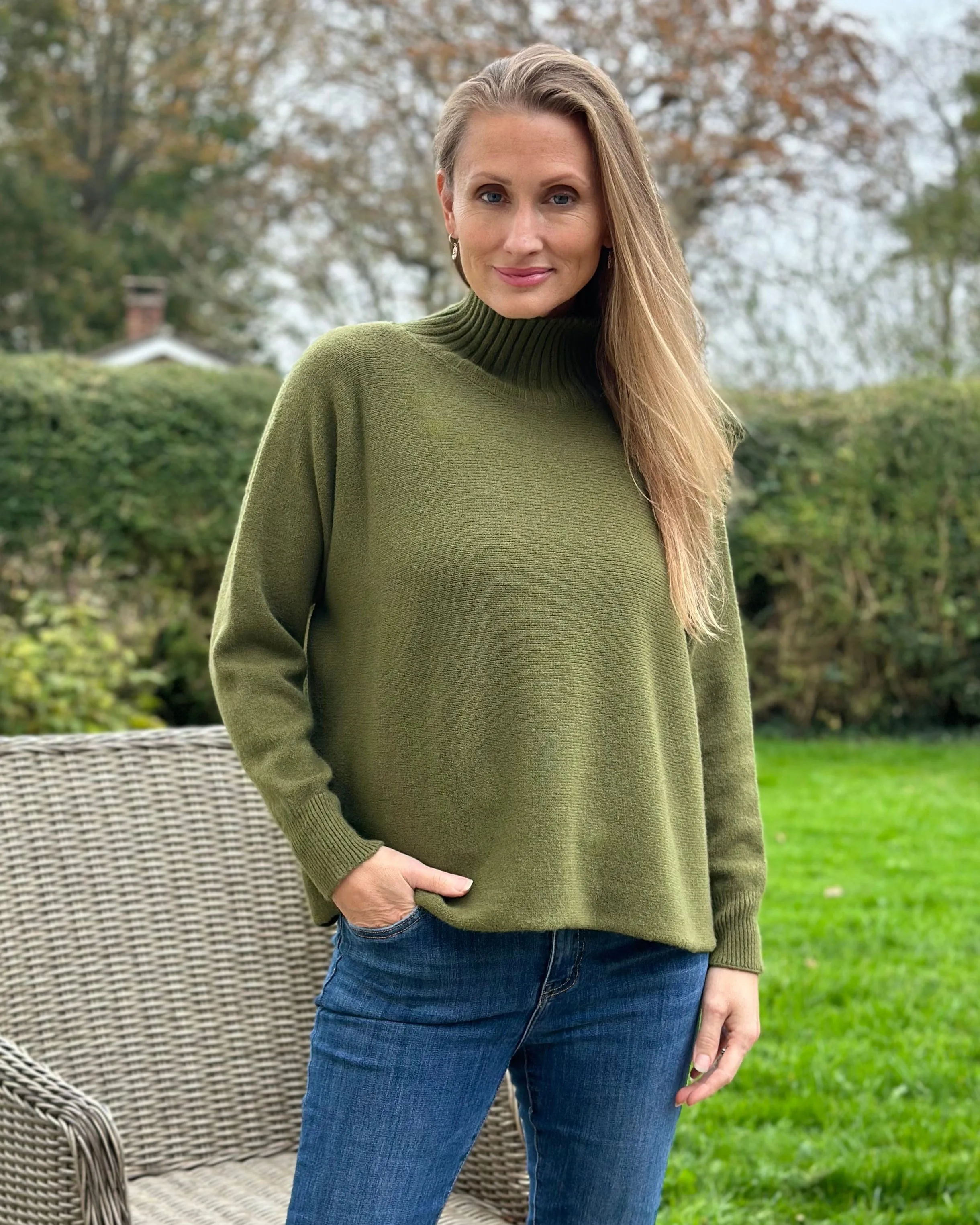 Funnel Neck Soft Knit Long Sleeve Jumper - Khaki