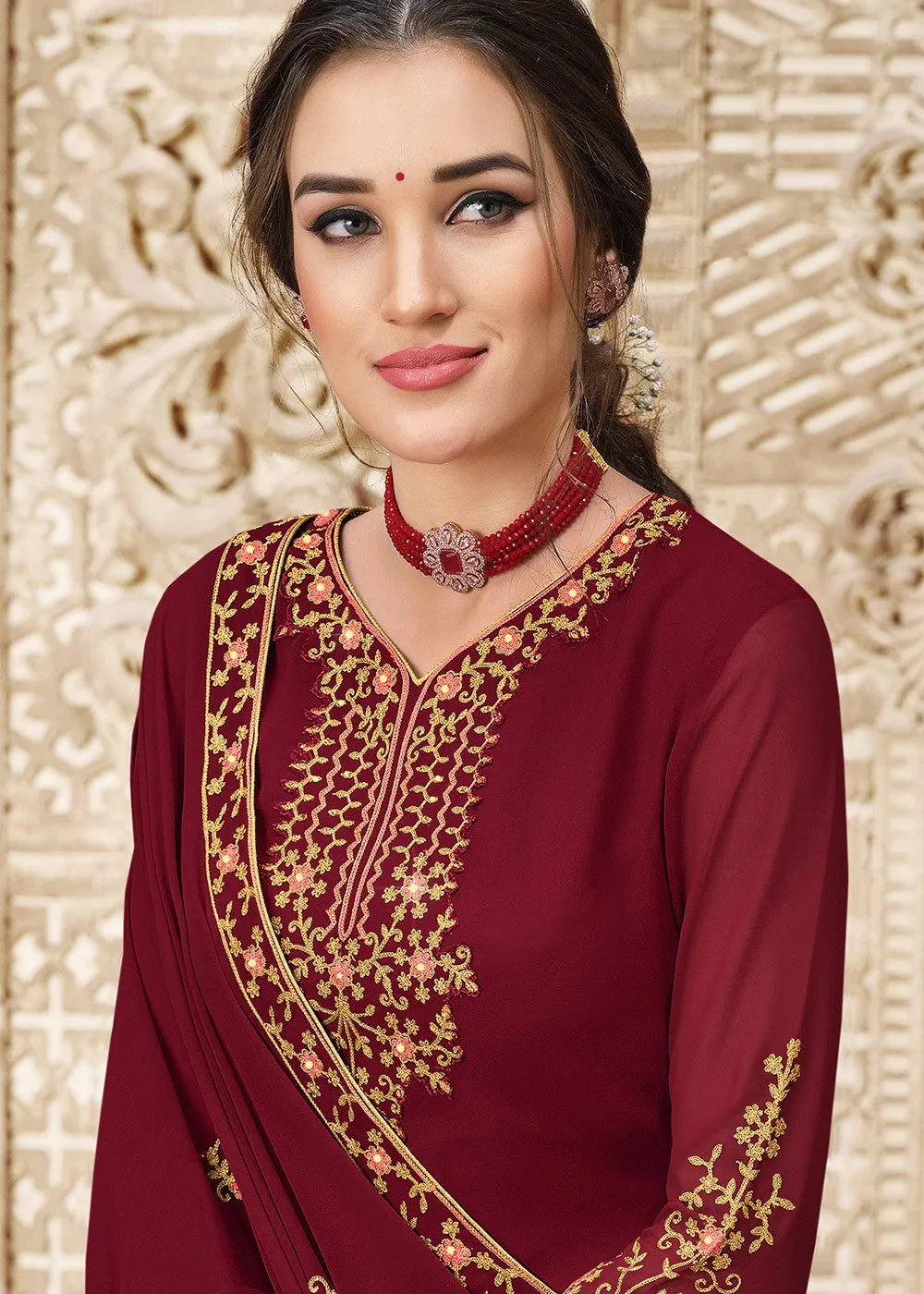 Georgette Deep Maroon Heavy Embroidered Palazzo Suit