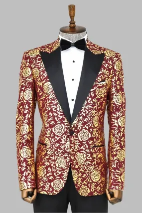 Gold Rose Patterned Slim Fit Burgundy Men Shinny  Blazer - Wessi