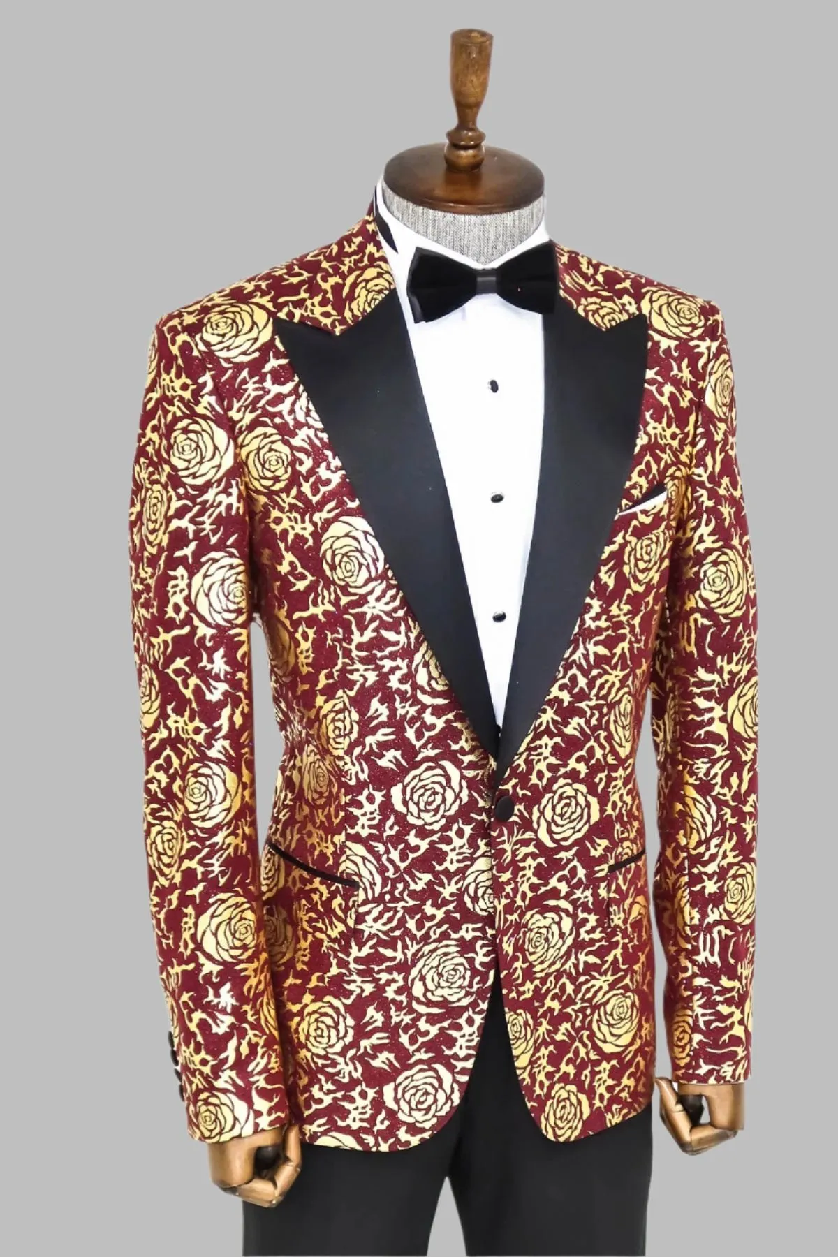 Gold Rose Patterned Slim Fit Burgundy Men Shinny  Blazer - Wessi