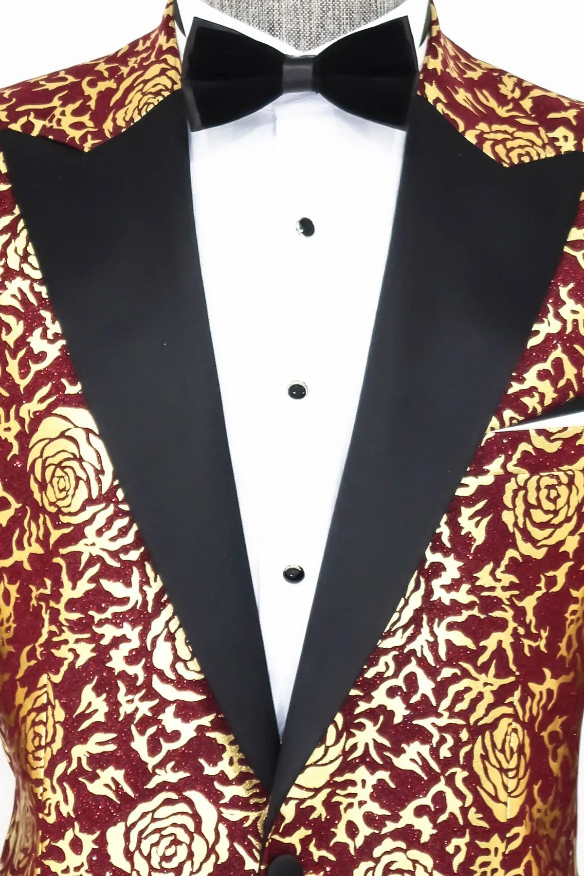 Gold Rose Patterned Slim Fit Burgundy Men Shinny  Blazer - Wessi