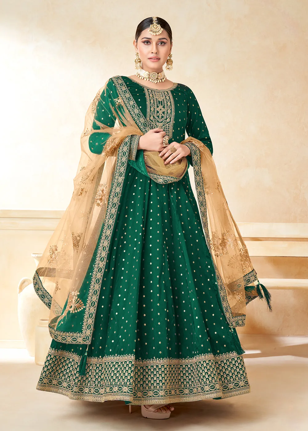 Green Silk Embroidered Indian Ethnic Wear Anarkali Dress