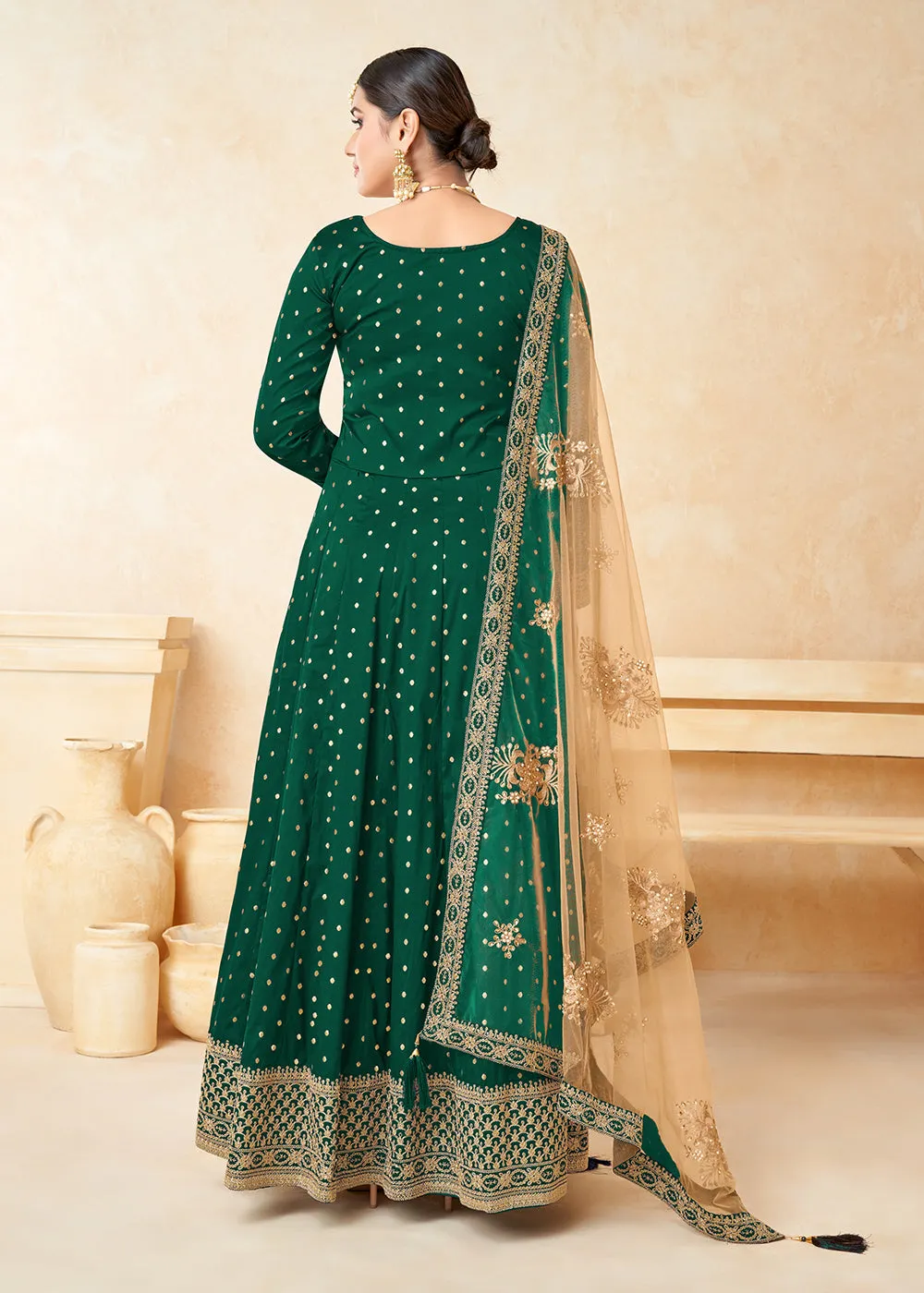 Green Silk Embroidered Indian Ethnic Wear Anarkali Dress