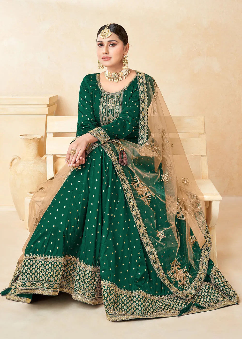 Green Silk Embroidered Indian Ethnic Wear Anarkali Dress