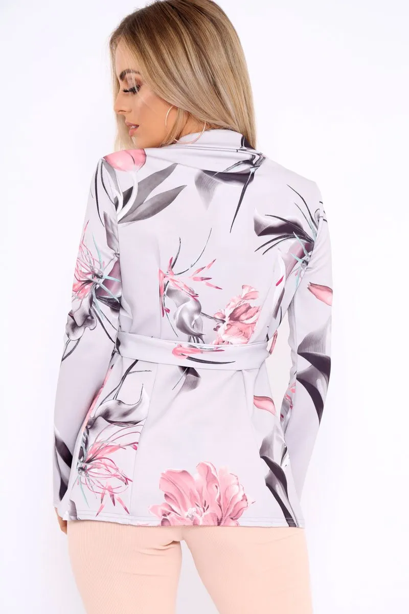 Grey Rose Floral Belted Blazer - Kenna