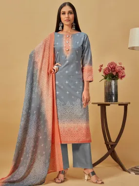 Grey Unstitched Cotton Printed Suit with Dupatta for Ladies