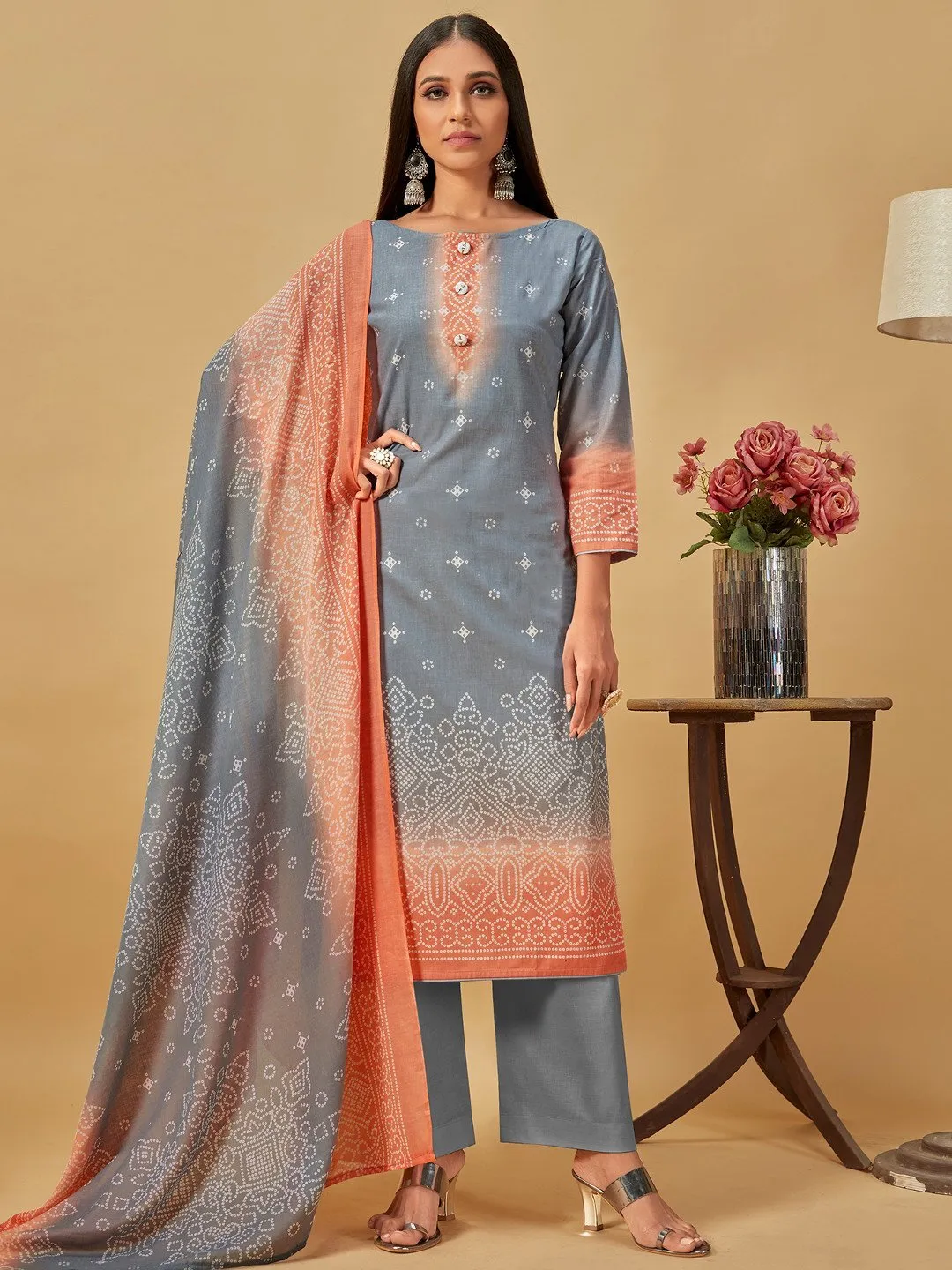 Grey Unstitched Cotton Printed Suit with Dupatta for Ladies