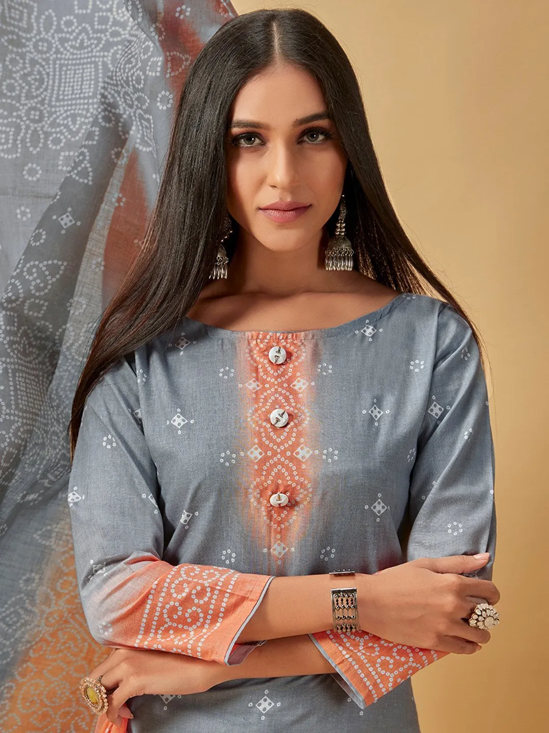 Grey Unstitched Cotton Printed Suit with Dupatta for Ladies