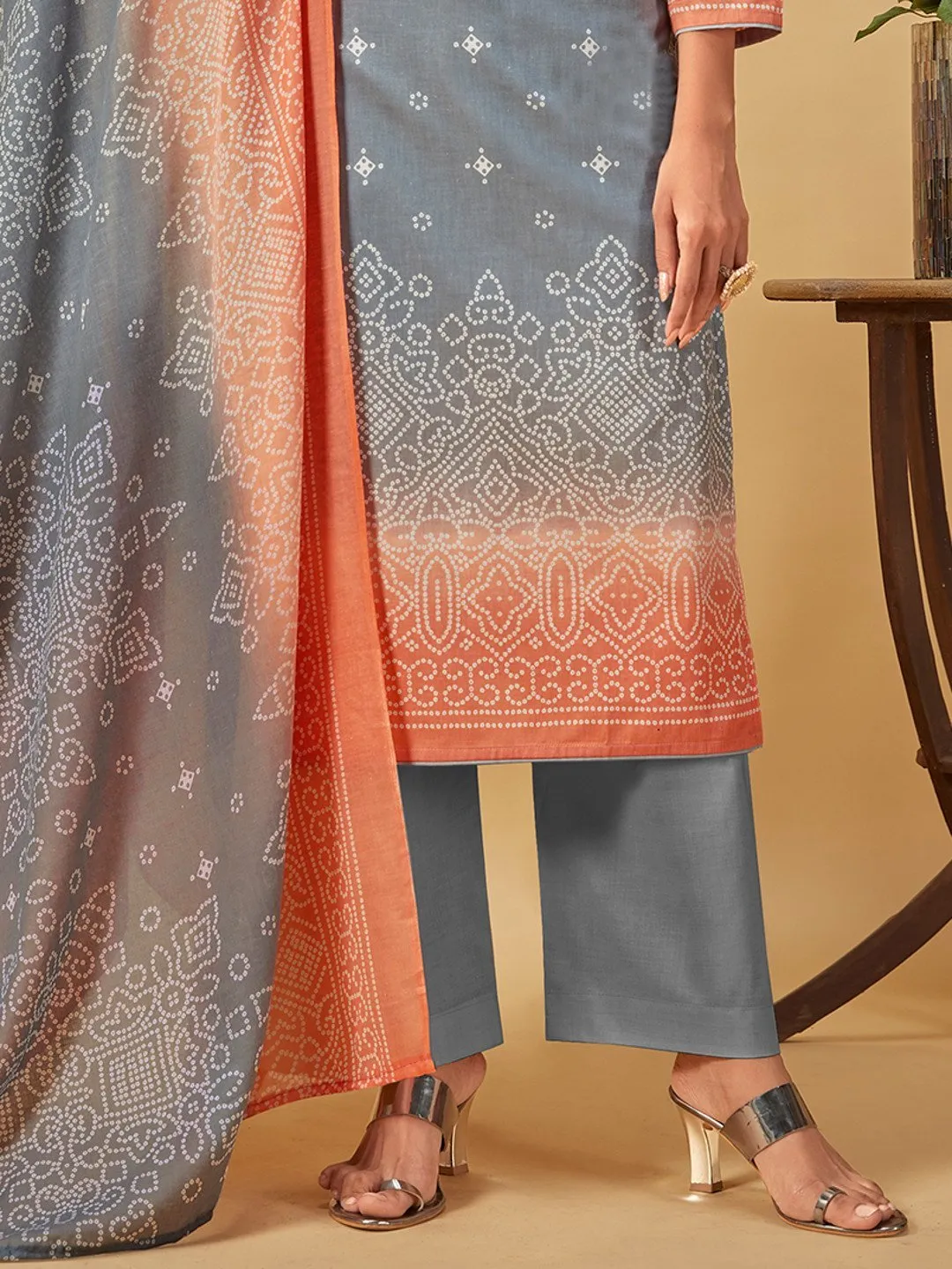 Grey Unstitched Cotton Printed Suit with Dupatta for Ladies