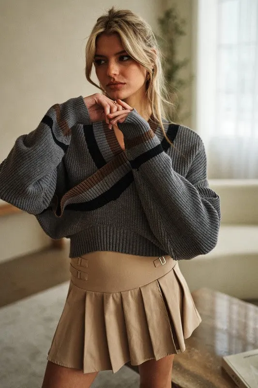 Grey V Neck Cropped Sweater with Stripe Hem