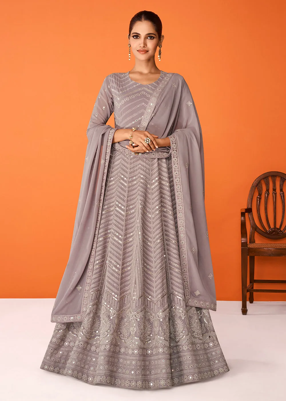 Grey Wedding Festive Special Georgette Anarkali Suit