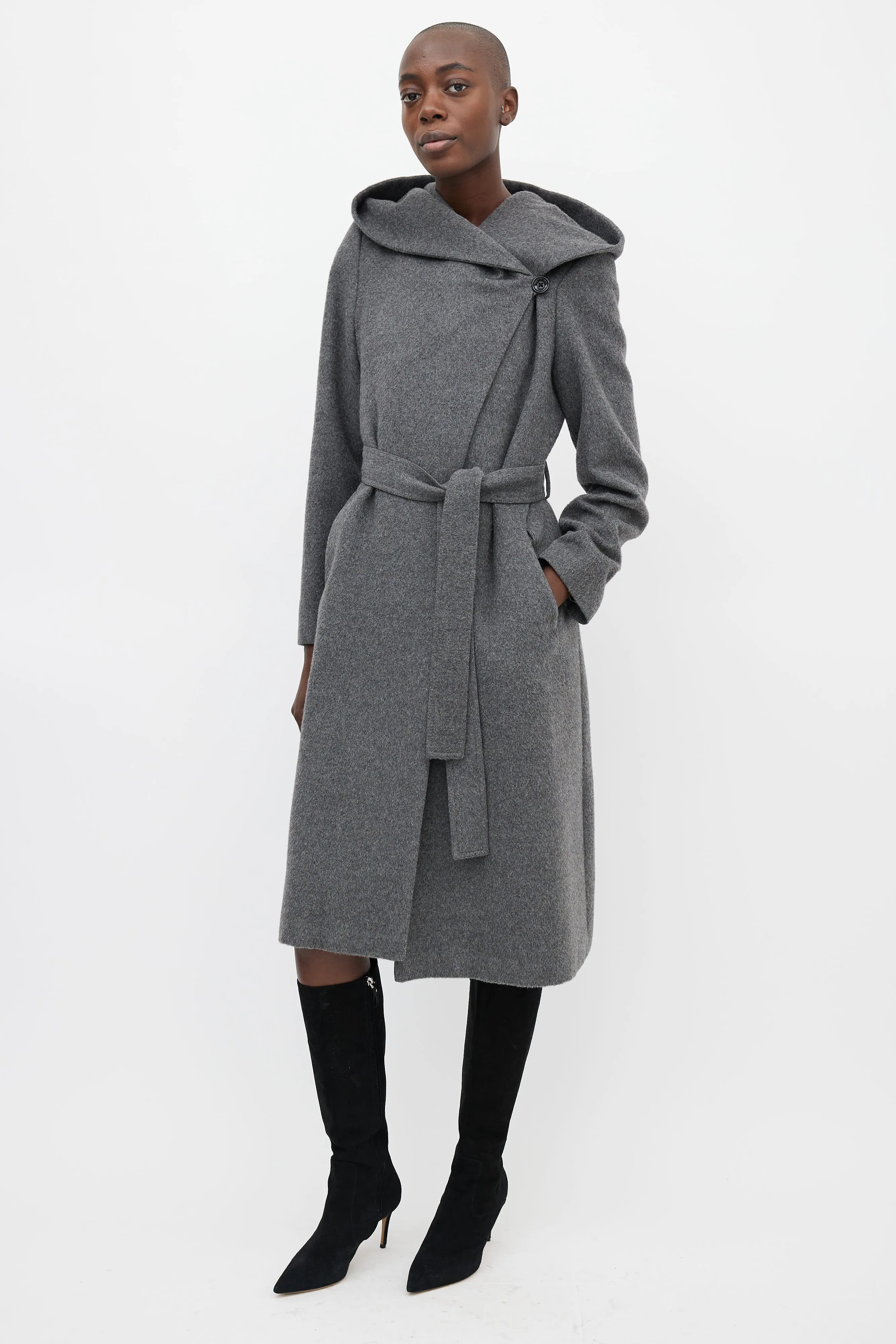 Grey Wool Shawl Hooded Coat