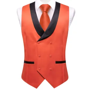 Hi-Tie Men Vest Red Orange Double Breasted Black Shawl Lapel Waistcoat