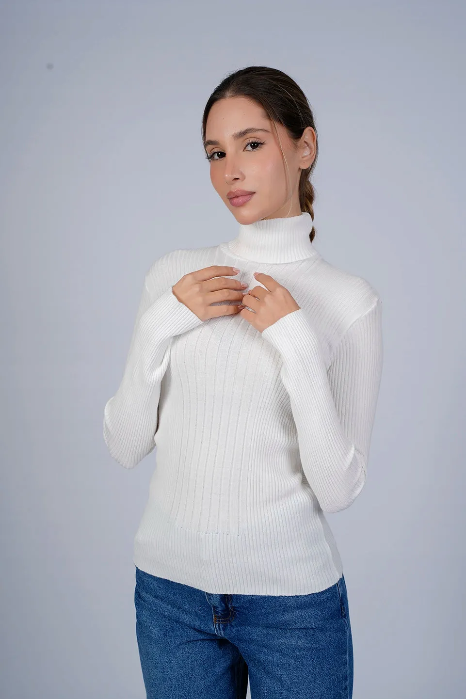 High Neck Ripped Off white Sweater