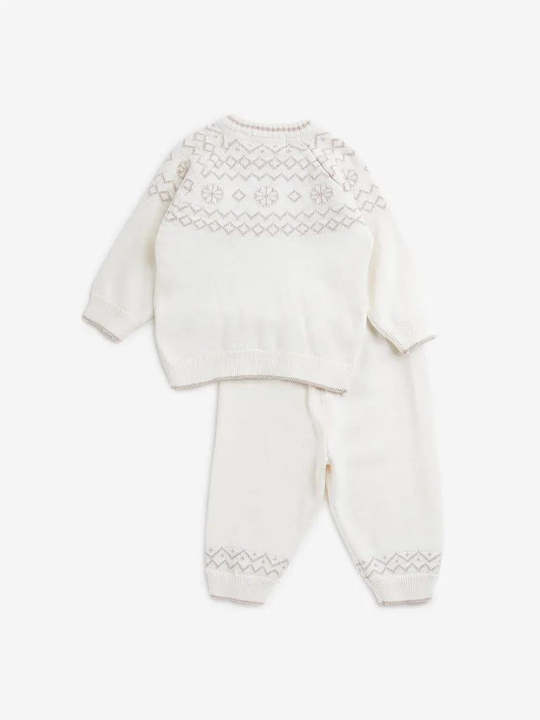 HOP Baby Off-White Knitted Cotton Sweater with Joggers Set