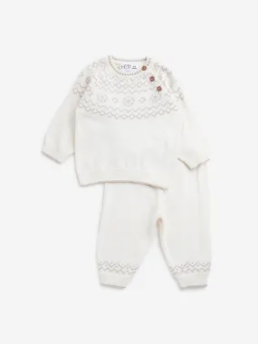 HOP Baby Off-White Knitted Cotton Sweater with Joggers Set