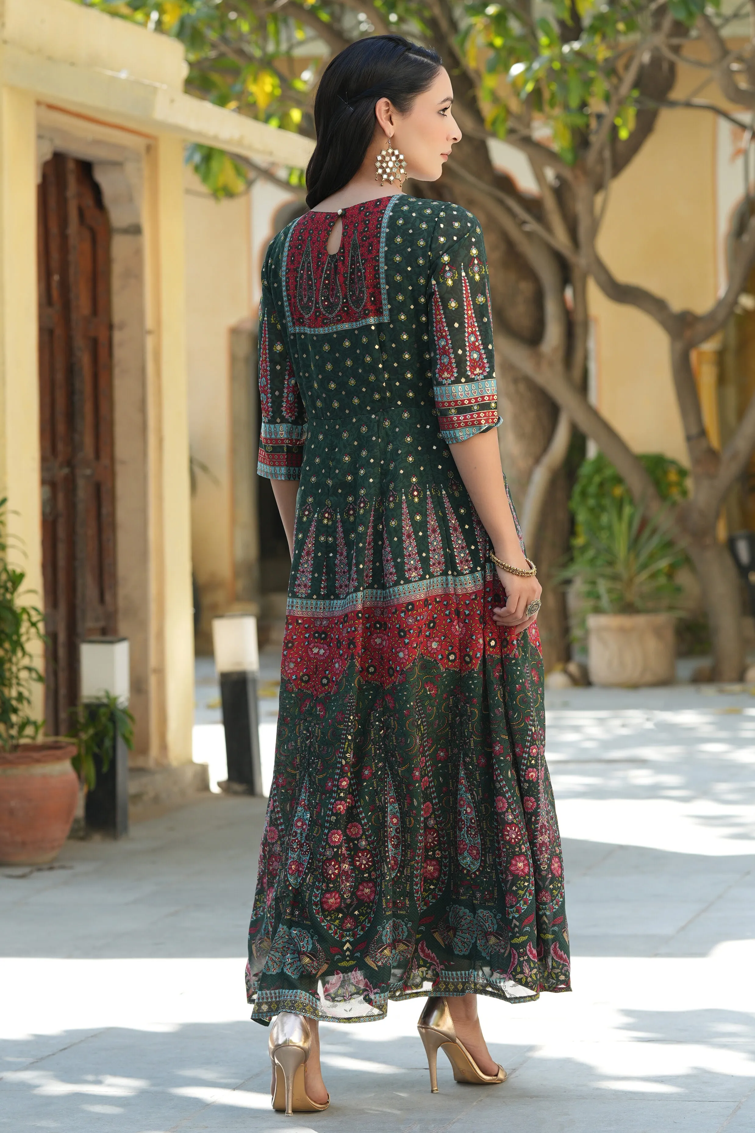 Juniper Jade Green Ethnic Motif Printed Georgette Anarkali Dress With Buttons.