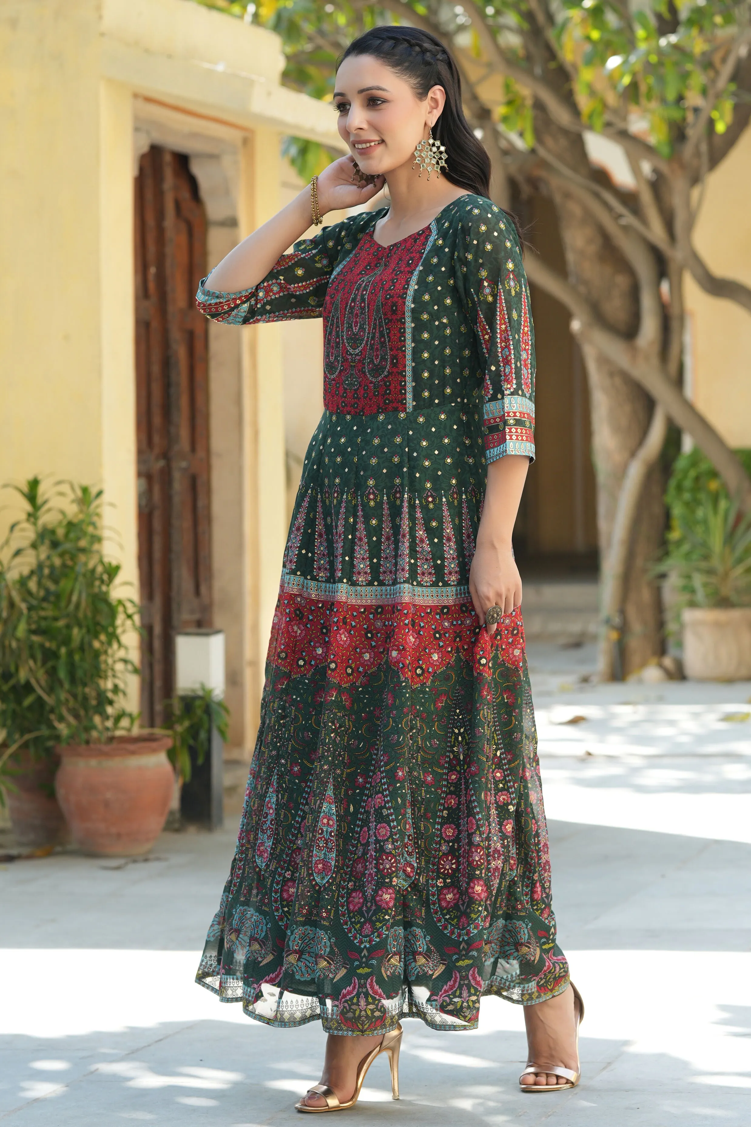 Juniper Jade Green Ethnic Motif Printed Georgette Anarkali Dress With Buttons.