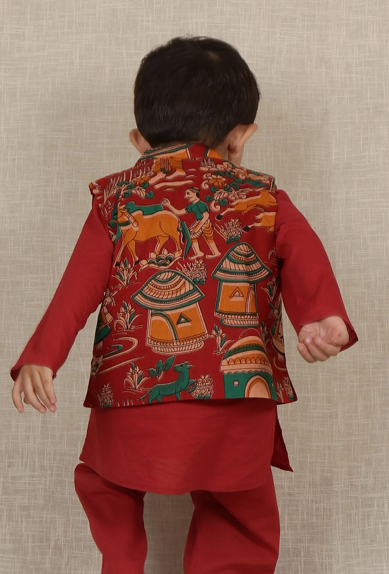 Kairav Maroon Kalamkari Printed Cotton Nehru Jacket