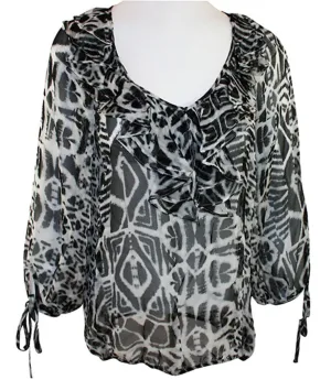 Karen Kane - Tie Sleeve Blouson, Geometric Print, Balloon Sleeve, Tie Collar, Silk Top