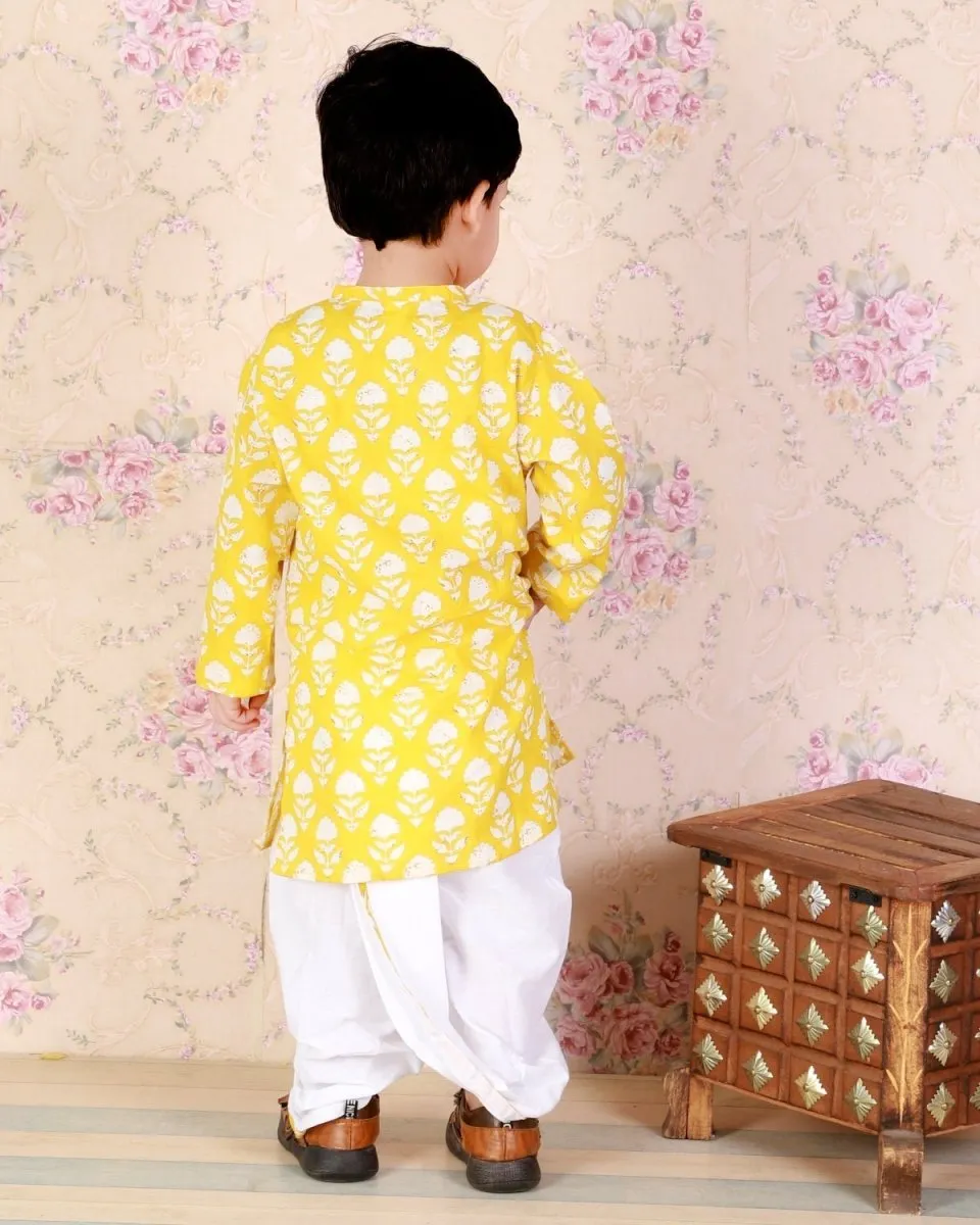 Kids Ethnic Set-Yellow Block Print Dhoti Kurta Boys Set with Floral Print Girls Anarkali Kurta Sharara Set With Dupatta