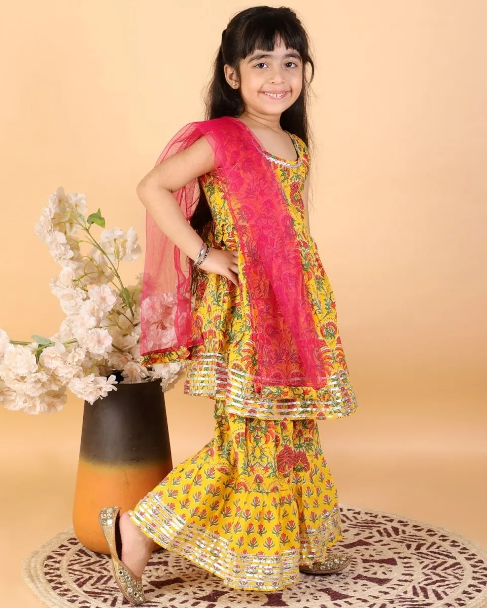 Kids Ethnic Set-Yellow Block Print Dhoti Kurta Boys Set with Floral Print Girls Anarkali Kurta Sharara Set With Dupatta