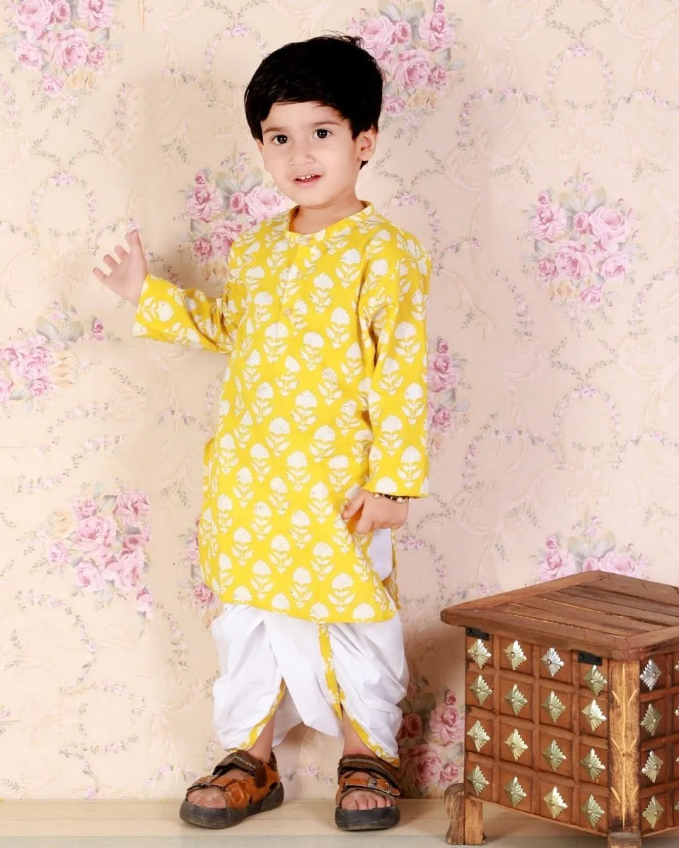 Kids Ethnic Set-Yellow Block Print Dhoti Kurta Boys Set with Floral Print Girls Anarkali Kurta Sharara Set With Dupatta