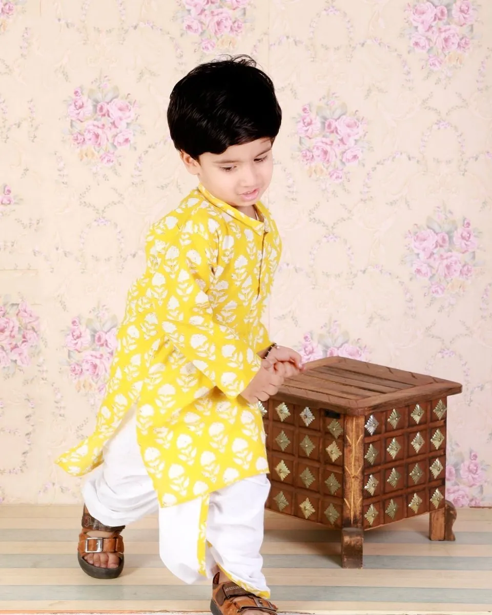 Kids Ethnic Set-Yellow Block Print Dhoti Kurta Boys Set with Floral Print Girls Anarkali Kurta Sharara Set With Dupatta